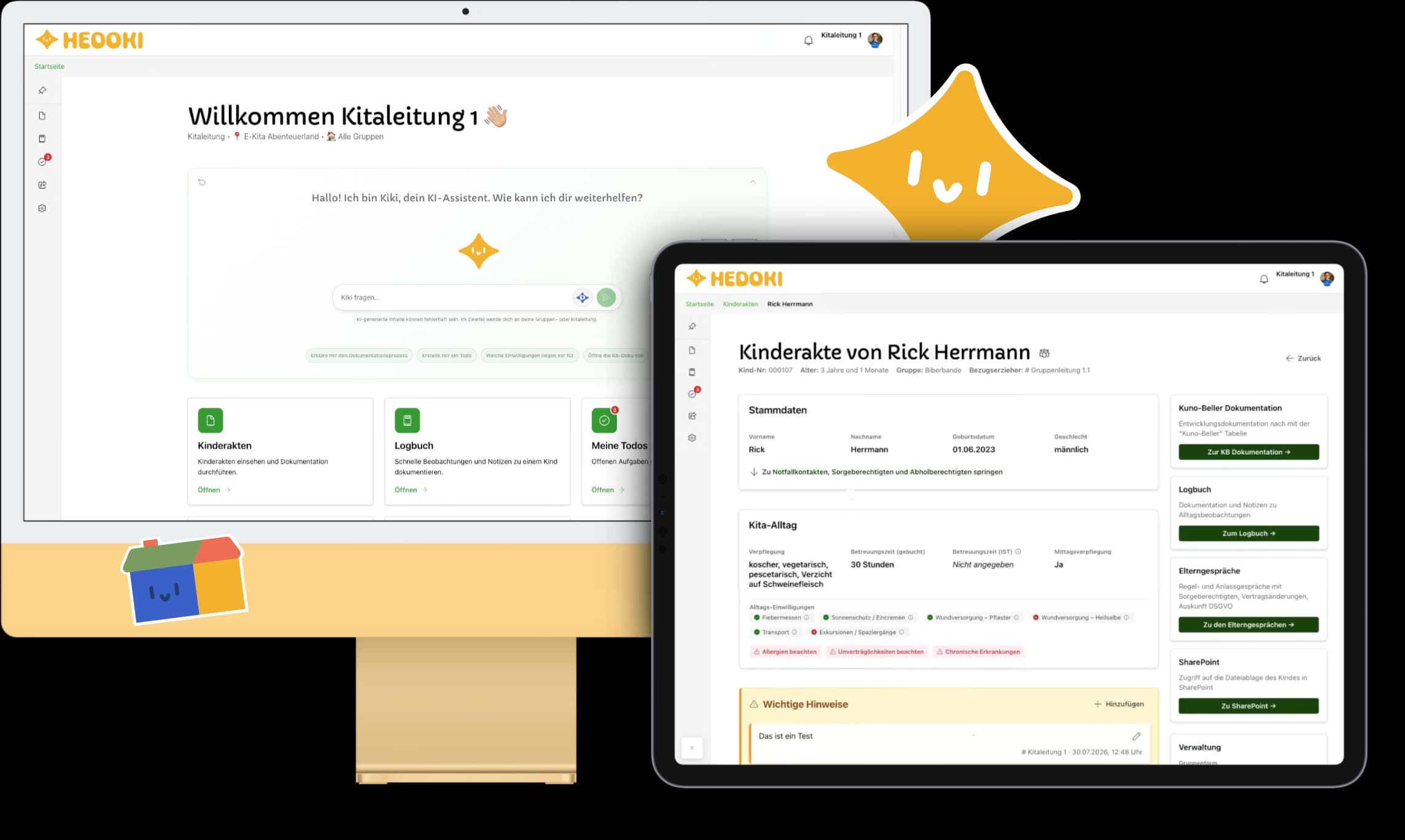 Die HeDoKi-Startseite auf einem Desktop-Monitor: Begrüßung der Kitaleitung, das Eingabefeld des Assistenten Kiki und Kacheln für Kinderakten, Logbuch und Meine Todos. Daneben ein Tablet mit einer geöffneten Kinderakte: Stammdaten, Angaben zum Kita-Alltag mit Verpflegung und Einwilligungen sowie Verweise auf Kuno-Beller-Dokumentation, Logbuch und Elterngespräche.