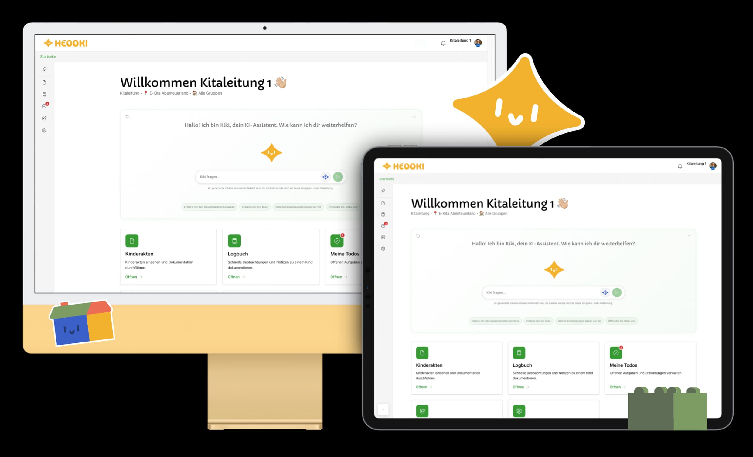 Die HeDoKi-Startseite auf einem Desktop-Monitor und einem Tablet: Begrüßung der Kitaleitung, das Eingabefeld des Assistenten Kiki und Kacheln für Kinderakten, Logbuch und Meine Todos.